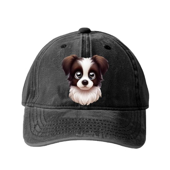 Playful Border Collie Portrait Washed Denim Baseball Caps