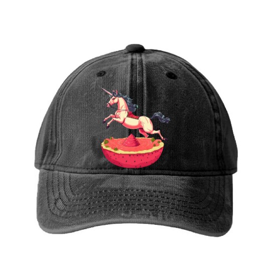Unicorn with Watermelon and Dragonfruit - Tropical Washed Denim Baseball Caps