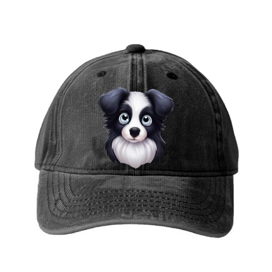 Artistic Border Collie Portrait Washed Denim Baseball Caps