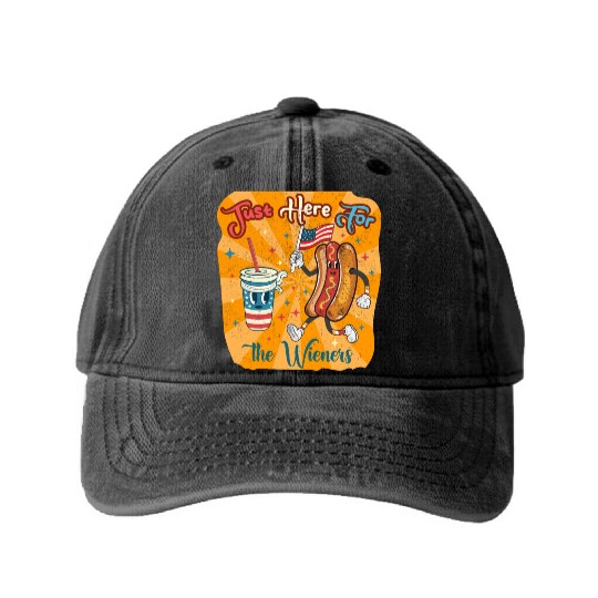I'm Just Here For The Wieners Cartoon Hot Dog 4Th Washed Denim Baseball Caps