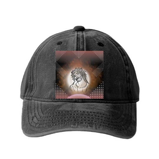 Sacred Jesus with Crown of Thorns Illustration Washed Denim Baseball Caps
