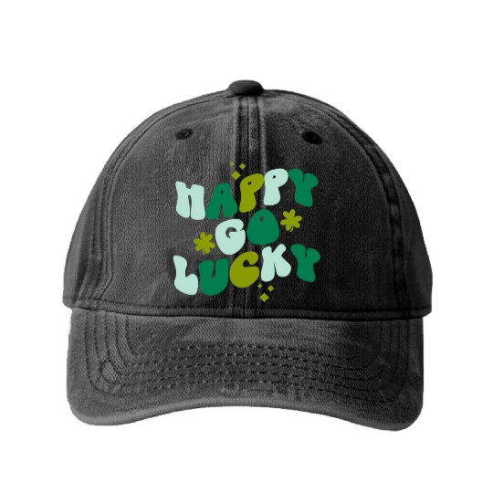 Happy Go Lucky St Patrick'S Day Shamrock Washed Denim Baseball Caps