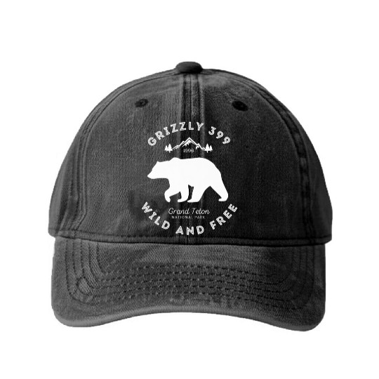 Grizzly 399 Wild Free Grand Teton National Park Washed Denim Baseball Caps