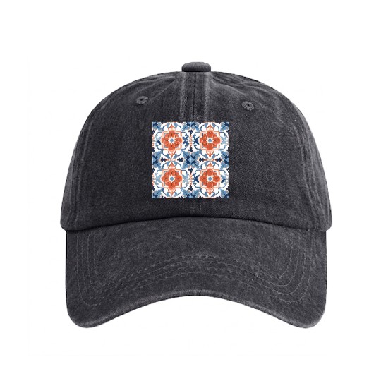 Floral Fantasia Detailed Summer Tile Collection 04 Washed Denim Baseball Caps