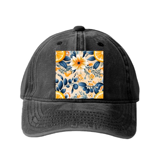 Yellow Lemon Floral Detailed Summer Collection 02 Washed Denim Baseball Caps