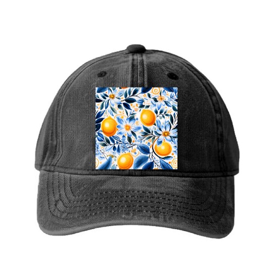 Yellow Lemon Floral Detailed Summer Collection 01 Washed Denim Baseball Caps