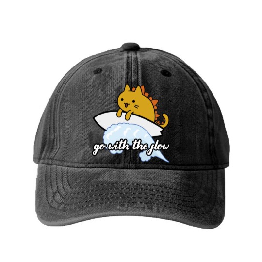 Catzilla Surfer Surf Lover Go With The Flow Washed Denim Baseball Caps