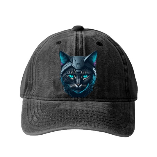 Cyberpunk neon cat Washed Denim Baseball Caps