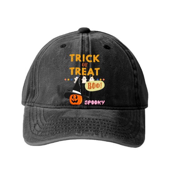 Happy Halloween Trick Or Treat Witch Pumpkin Skull Washed Denim Baseball Caps