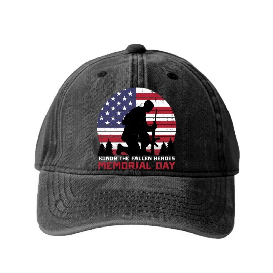 Honor The Fallen Heroes Memorial Day Us Flag Washed Denim Baseball Caps