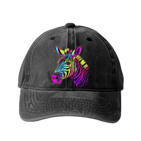 Zebra Neon Colors Portrait Washed Denim Baseball Caps