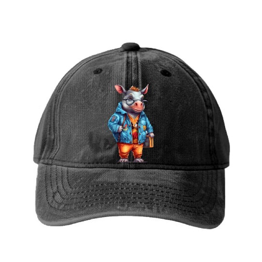 Cute Rhinoceros Cartoon Washed Denim Baseball Caps