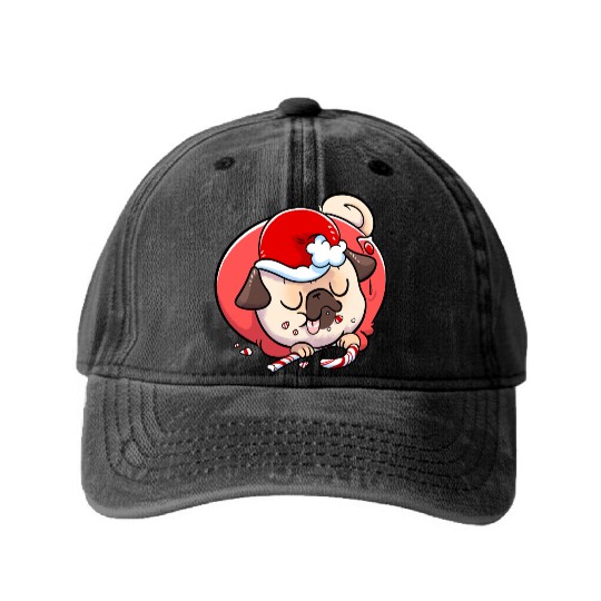 Pug Elf Candy Cane Washed Denim Baseball Caps