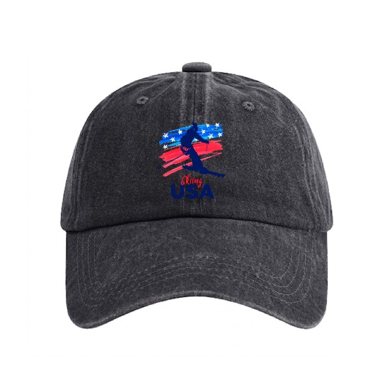 Skiing Usa Support The Team Usa Flag Ski Winter Washed Denim Baseball Caps