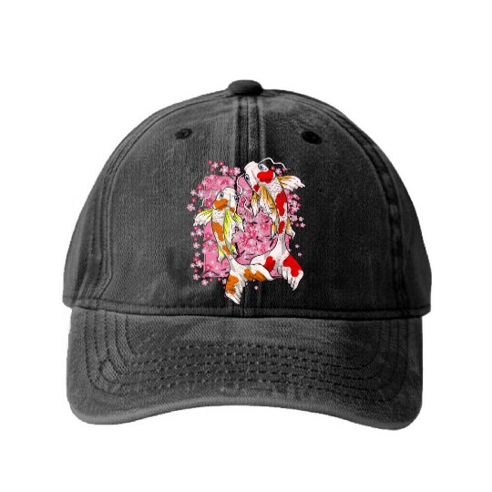Sakura Koi Fish Gift Cherry Blossom Koi Carp Washed Denim Baseball Caps