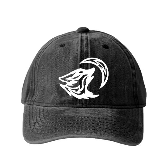 Tribal White Howling Wolf Tattoo 70s Washed Denim Baseball Caps