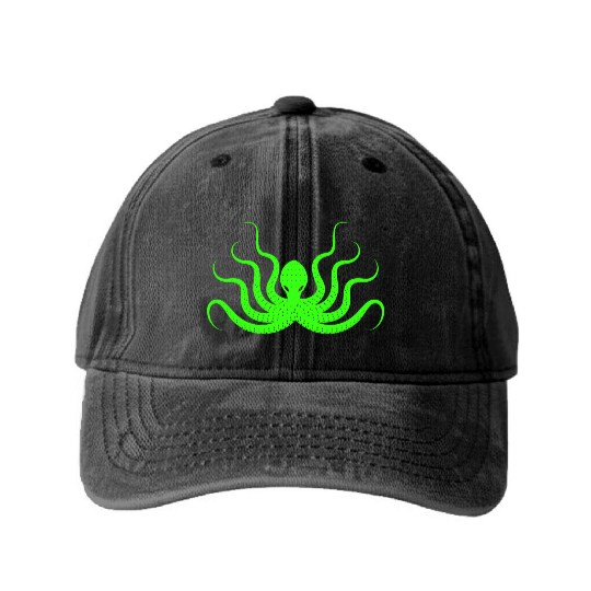 Menace Octopus Neon Green Washed Denim Baseball Caps