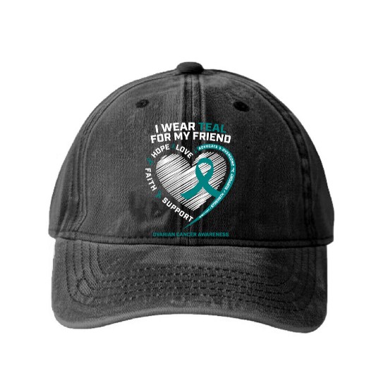 Teal Ribbon Ovarian Cancer Awareness Friend Washed Denim Baseball Caps