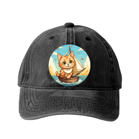 Sailing Cat on Sailboat, Sunset Animal Design Washed Denim Baseball Caps
