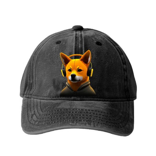 Running Shiba Inu with Headphones, Athletic Dog Washed Denim Baseball Caps