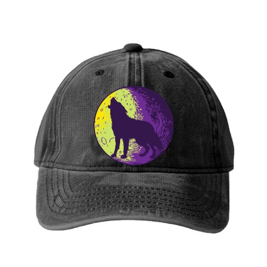 Howling wolf in the moon cool Washed Denim Baseball Caps