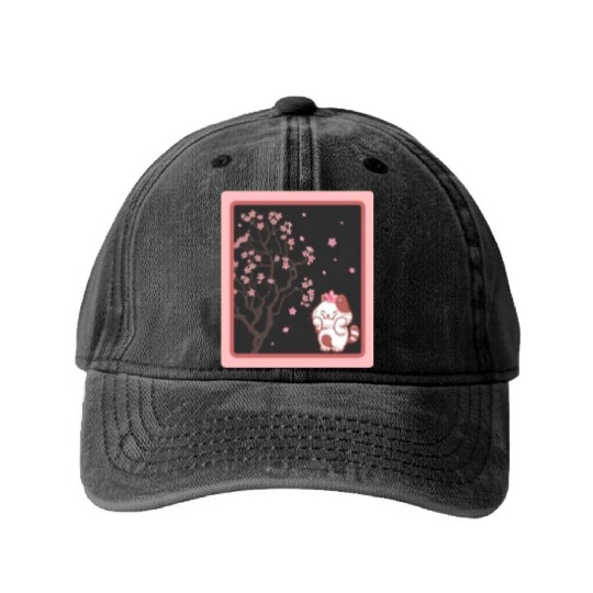 Cherry Blossom Washed Denim Baseball Caps, Kawaii Cat Cherry Blossom