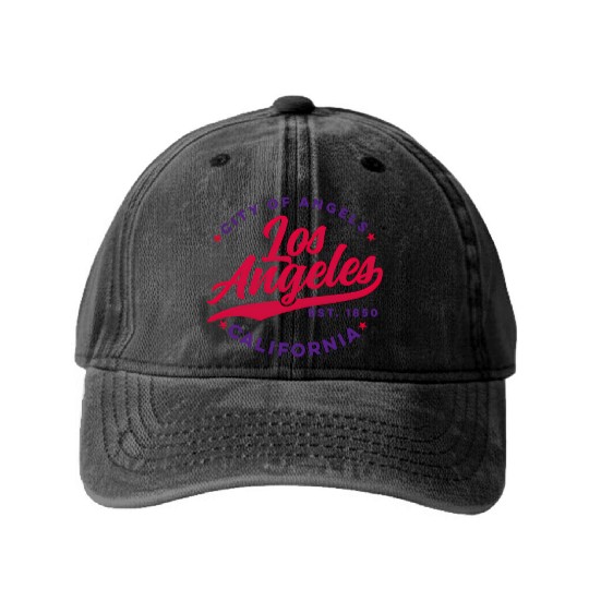Los Angeles City Of Angels California Red Text Washed Denim Baseball Caps