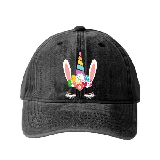 Happy Easter Unicorn Bunny Ears Eggs Hunter Washed Denim Baseball Caps