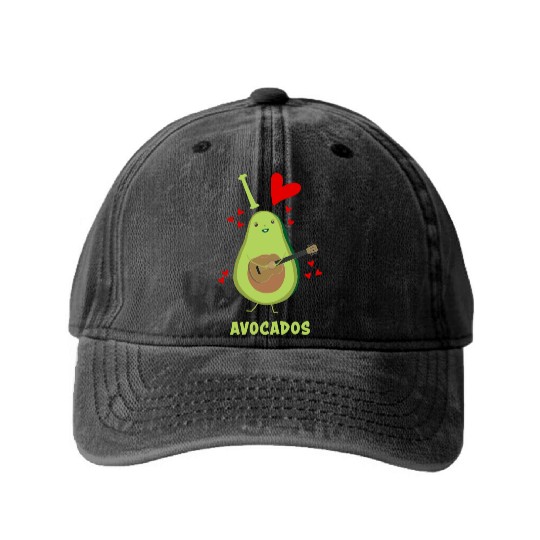 I Love Avocados With Hearts Avocado Playing Guitar Washed Denim Baseball Caps