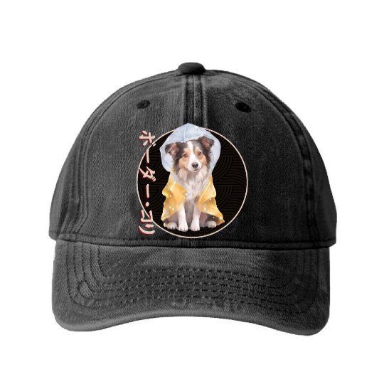 Japanese Border Collie Puppy Washed Denim Baseball Caps