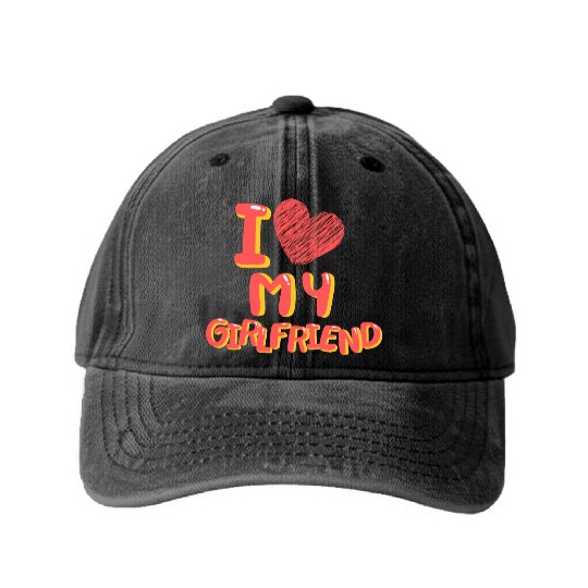 I Love My Girlfriend Heart Balloons White Washed Denim Baseball Caps