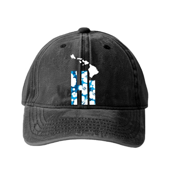 Hawaii Hi Hibiscus Blues Washed Denim Baseball Caps