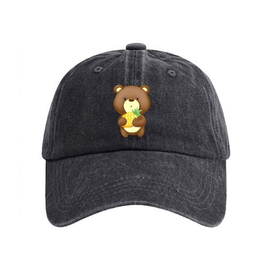 Bear loves pineapple Washed Denim Baseball Caps