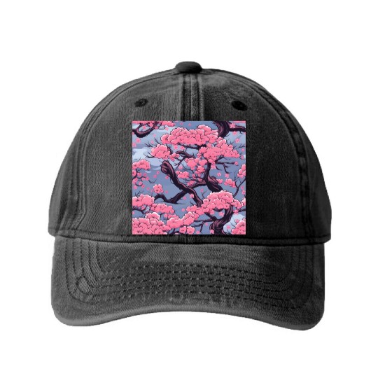 Anime Euphoria: Fantasy Cherry Blossom Dreamscape Washed Denim Baseball Caps