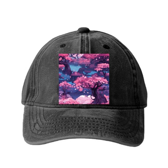 Anime Euphoria: Fantasy Cherry Blossom Dreamscape Washed Denim Baseball Caps