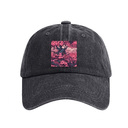 Anime Euphoria: Fantasy Cherry Blossom Dreamscape Washed Denim Baseball Caps
