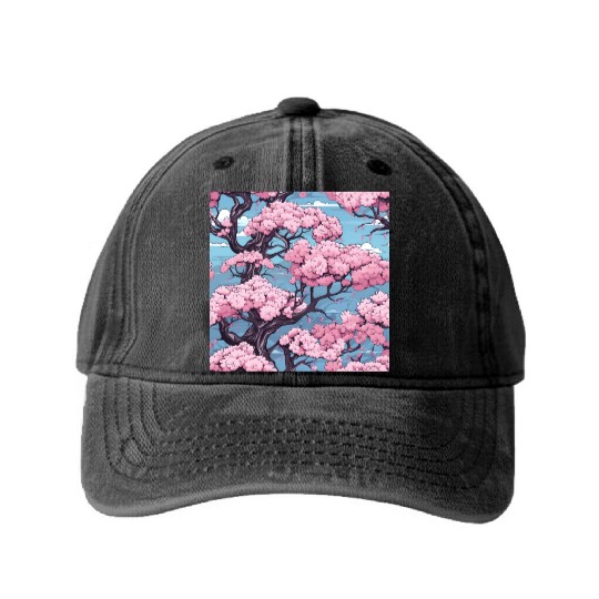 Anime Euphoria: Fantasy Cherry Blossom Dreamscape Washed Denim Baseball Caps