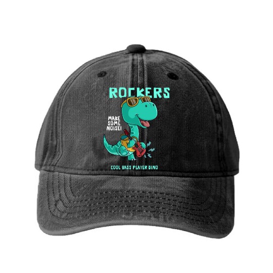 ROCKERS MAKE SOME NOISE COOL BASS PLAYER DINO Washed Denim Baseball Caps
