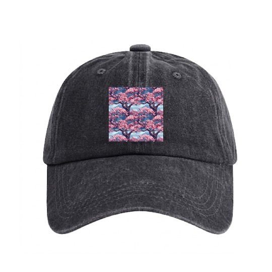 Anime Euphoria: Fantasy Cherry Blossom Dreamscape Washed Denim Baseball Caps