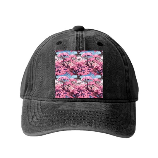Anime Euphoria: Fantasy Cherry Blossom Dreamscape Washed Denim Baseball Caps