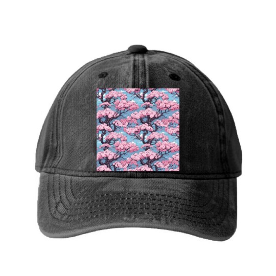 Anime Euphoria: Fantasy Cherry Blossom Dreamscape Washed Denim Baseball Caps