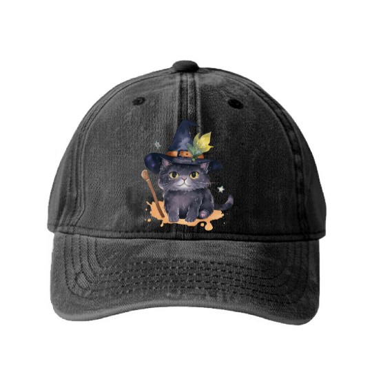 Wizard Cat Magic Washed Denim Baseball Caps