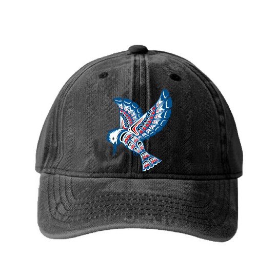 Native American Style Kingfisher Pacific Northwest Washed Denim Baseball Caps
