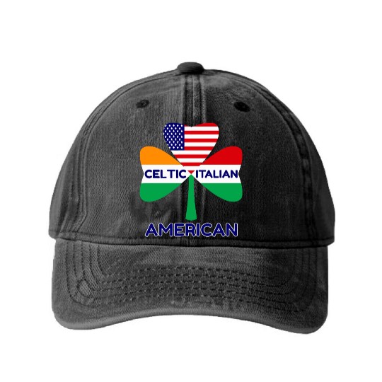 Irish Italian American Flag And Celtic Shamrock Pr Washed Denim Baseball Caps