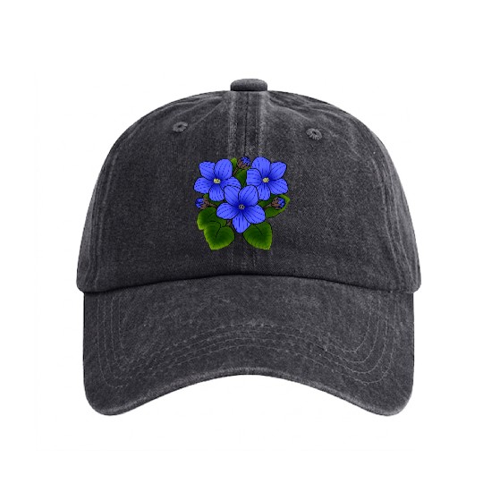 Blue African Violets In Black Washed Denim Baseball Caps