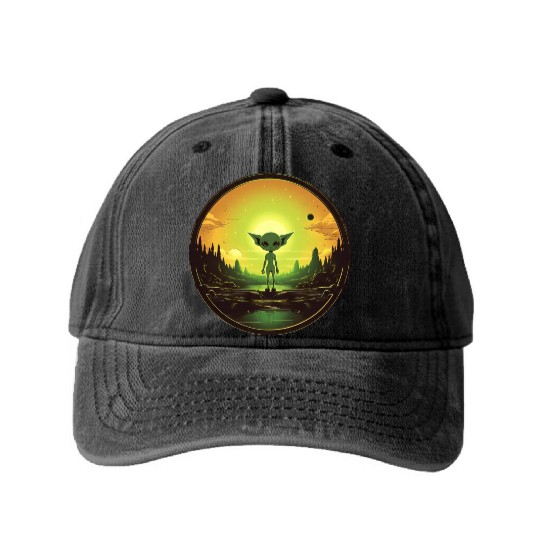 Green Alien at Sunset Washed Denim Baseball Caps