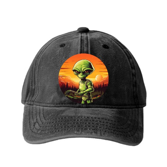 Green Alien Golfer - Extraterrestrial Playing Golf Washed Denim Baseball Caps