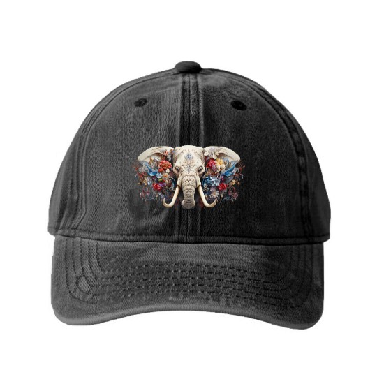 Floral Majesty: The Elephant's Crown Washed Denim Baseball Caps