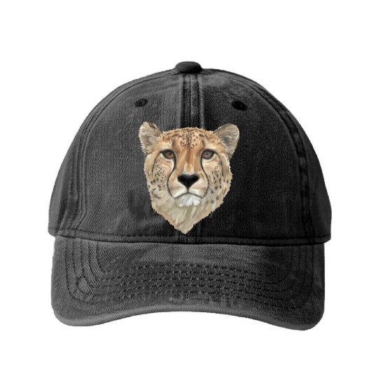 Watercolor Cheetah Portrait Washed Denim Baseball Caps