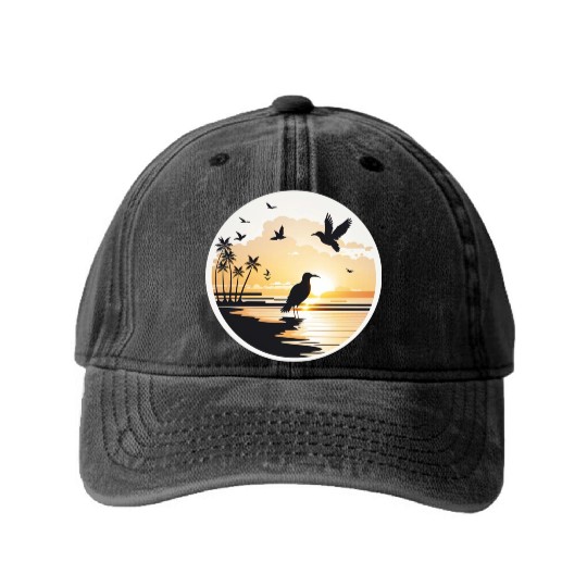 the beach sunset birds Washed Denim Baseball Caps